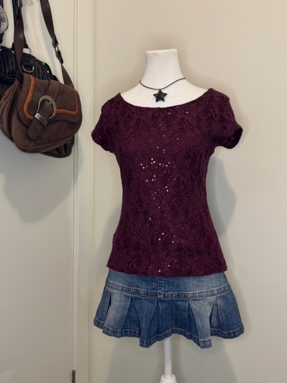 Y2K Burgundy Sequin Lace Short-Sleeve Top